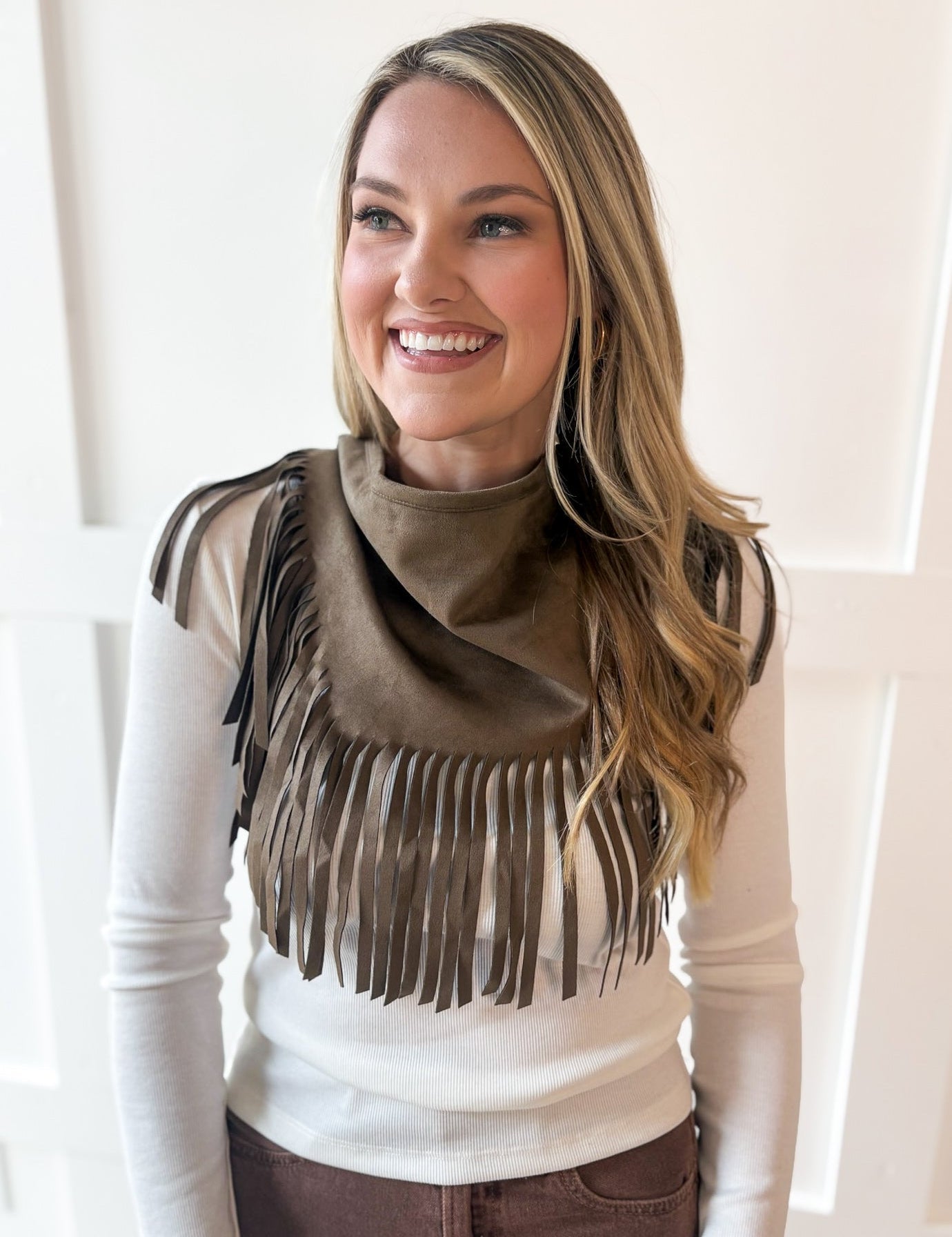 Faux Suede Fringe Neck-Waist Wrap- Taupe
