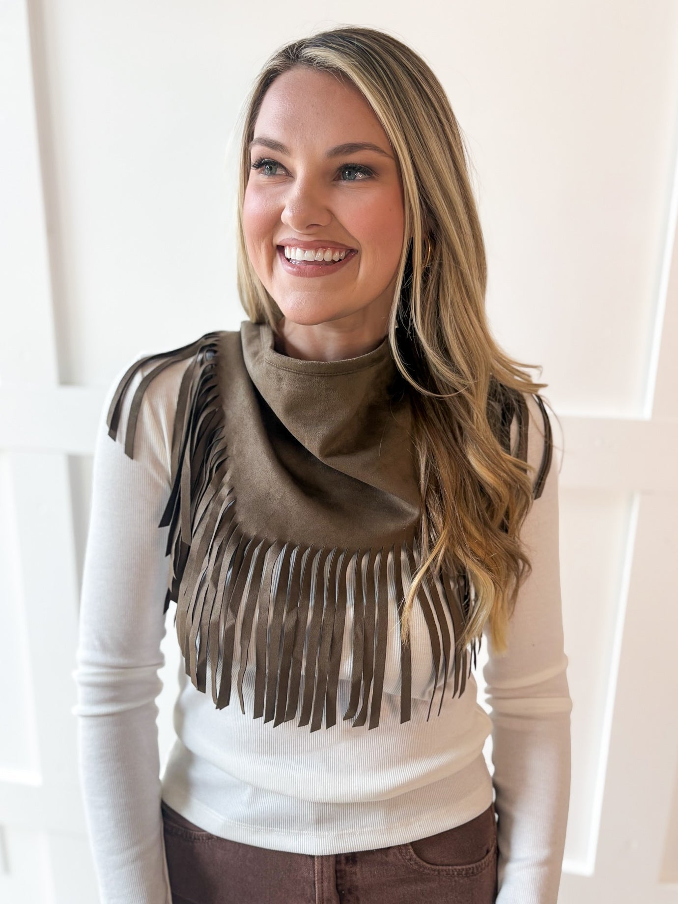Faux Suede Fringe Neck-Waist Wrap- Taupe
