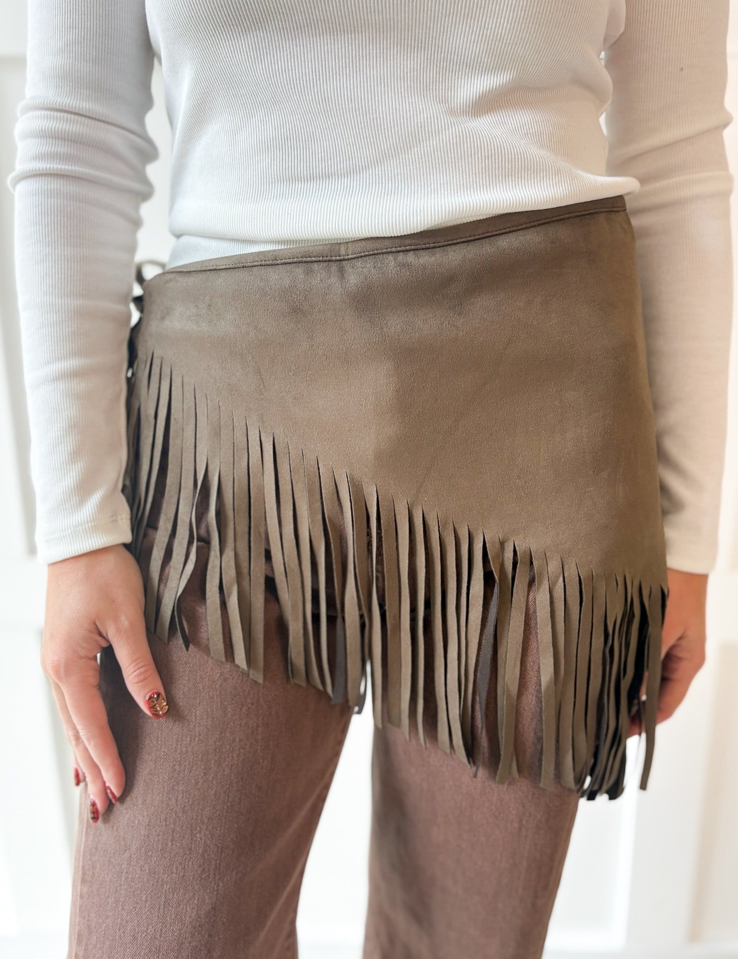 Faux Suede Fringe Neck-Waist Wrap- Taupe