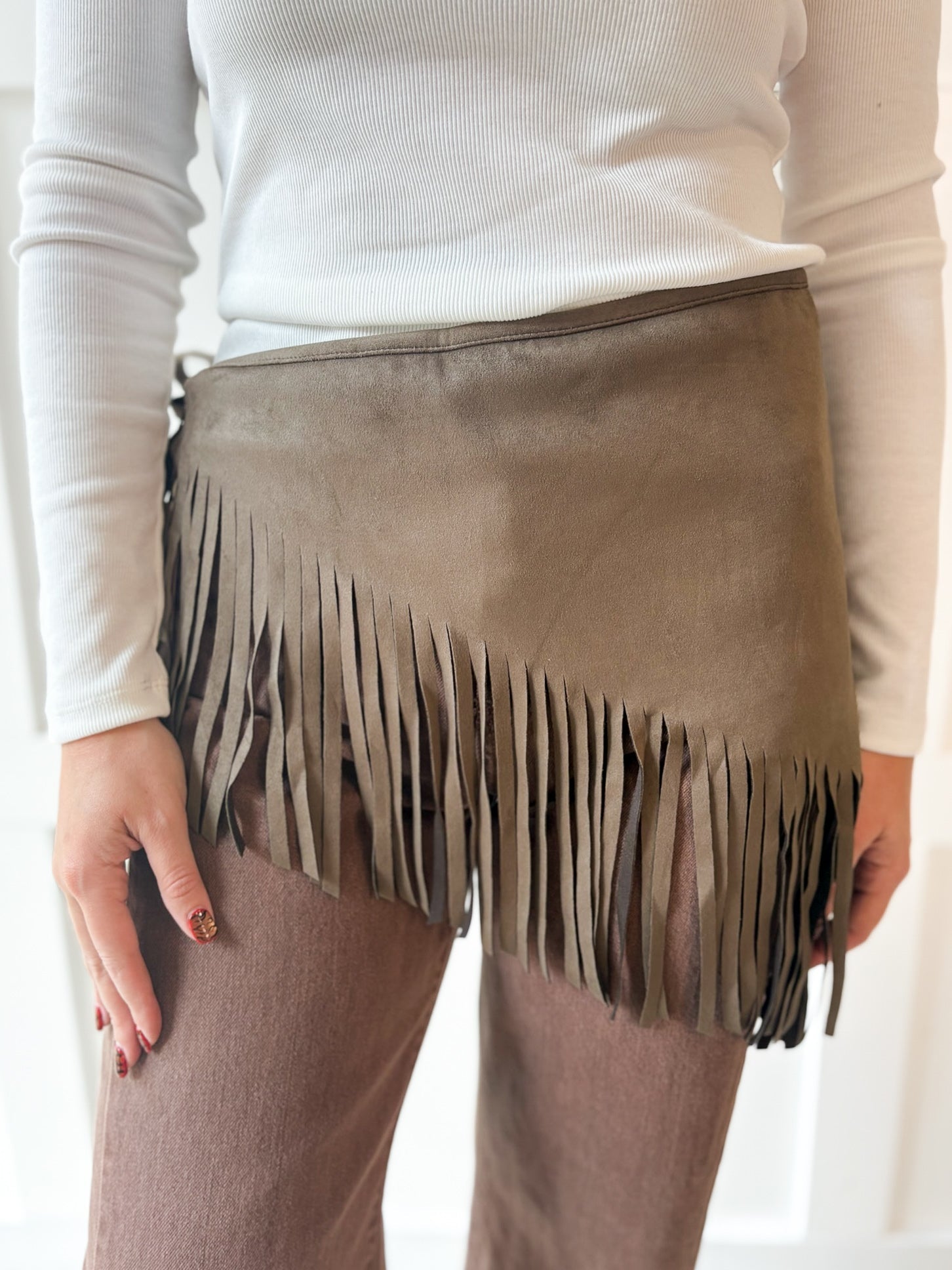 Faux Suede Fringe Neck-Waist Wrap- Taupe