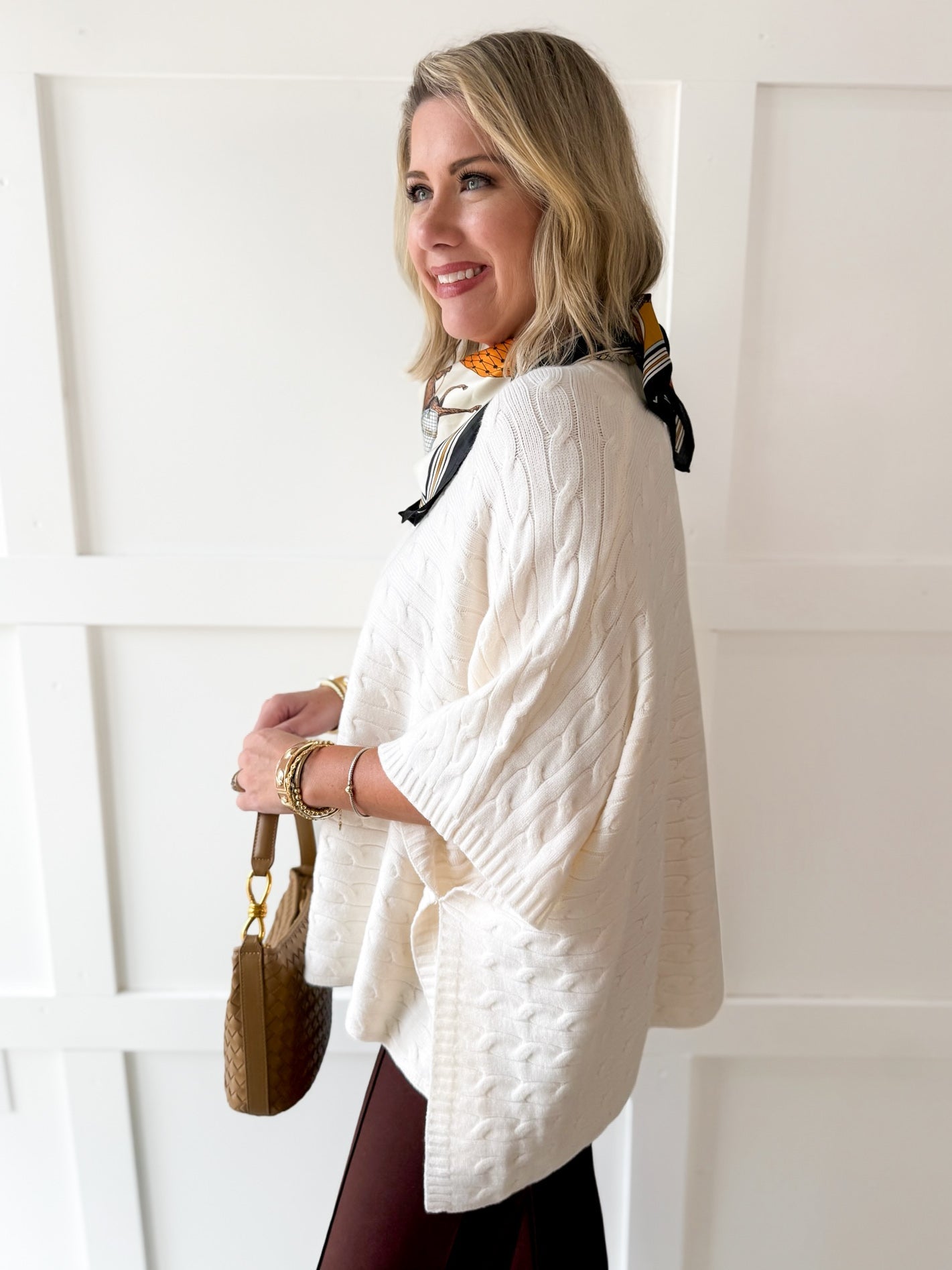 Fine Gauge Cable Knit Poncho Sweater