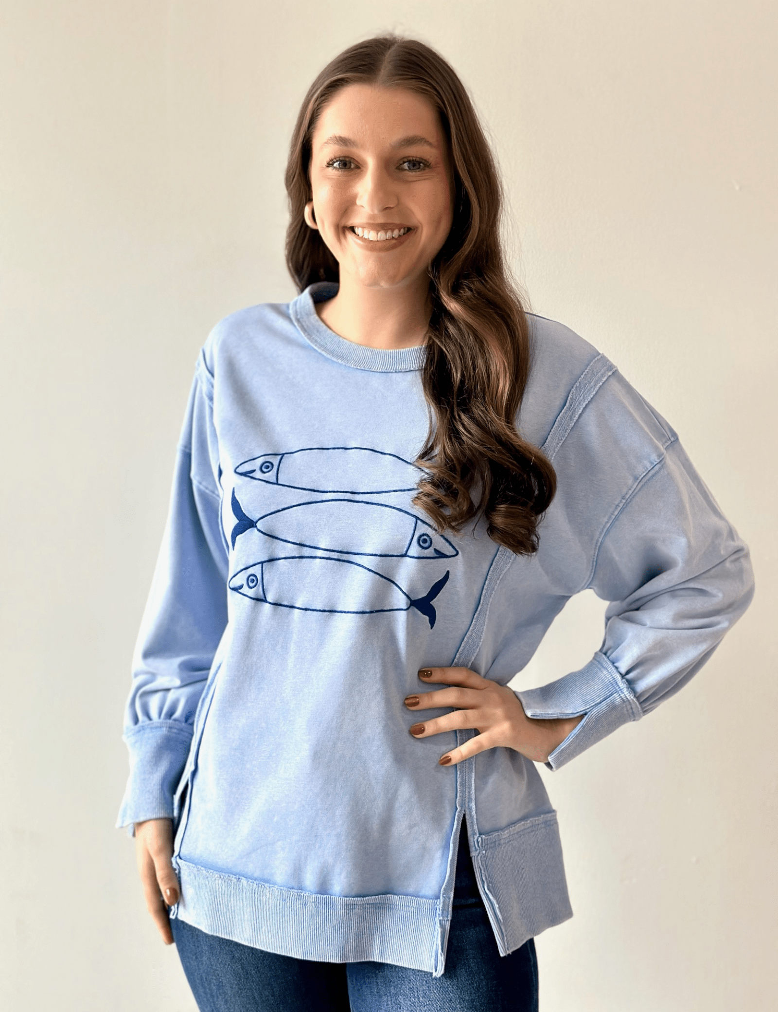 Fish Embroidered Washed Sweatshirt