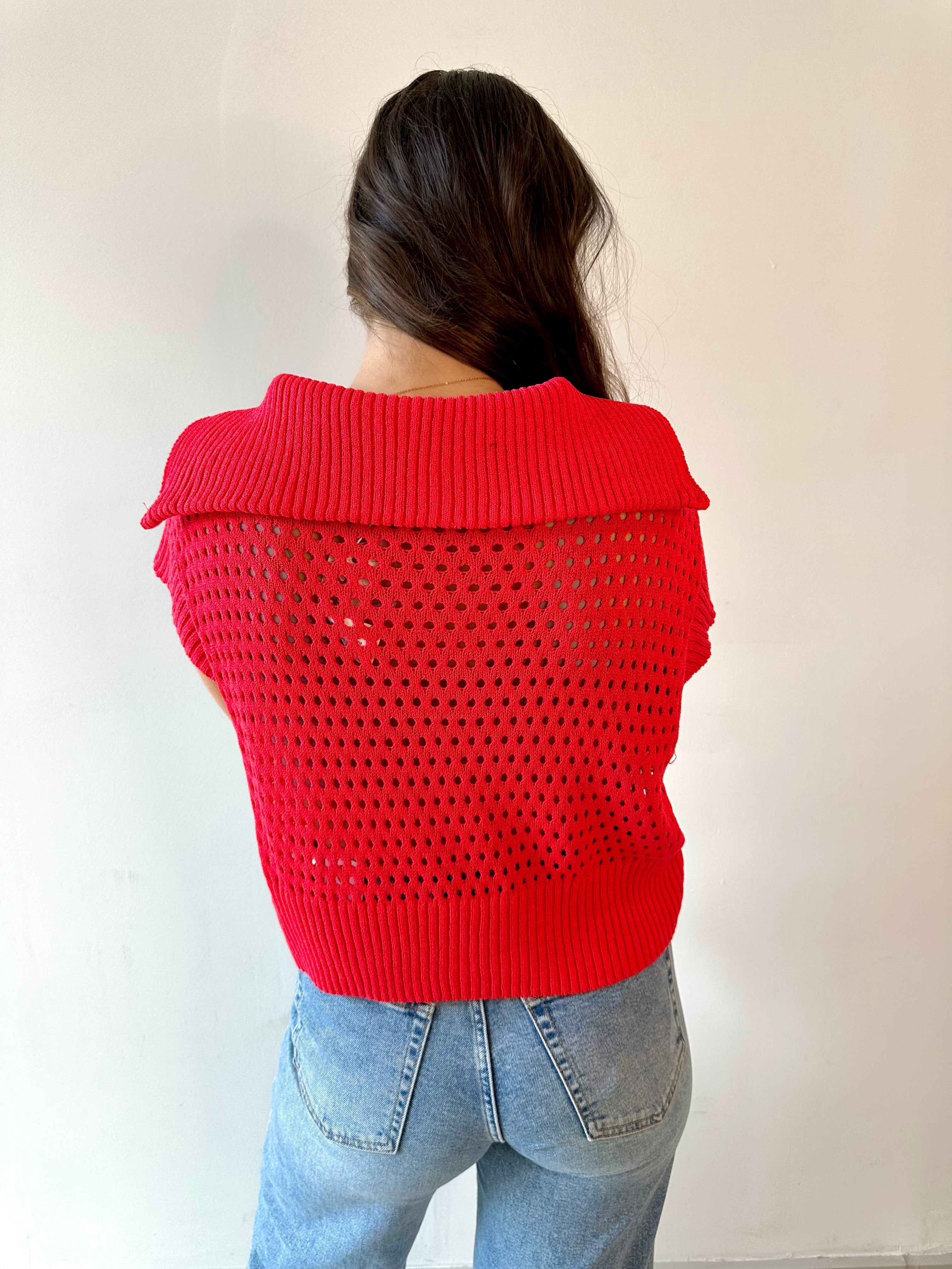Fishnet Zip Relaxed Sweater - Red