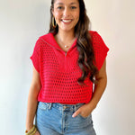 Fishnet Zip Relaxed Sweater - Red