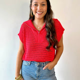 Fishnet Zip Relaxed Sweater - Red