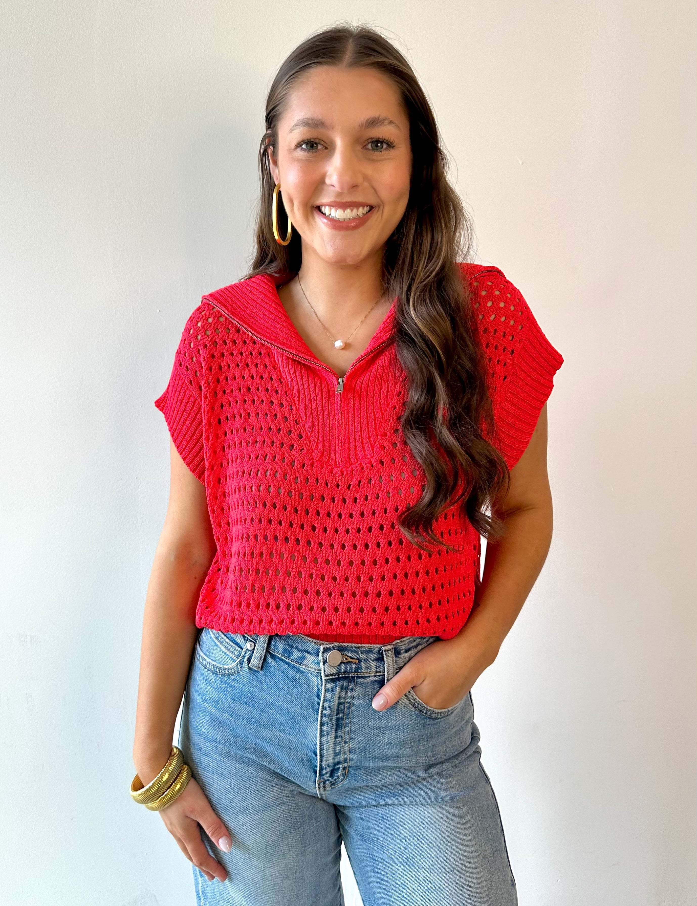 Fishnet Zip Relaxed Sweater - Red