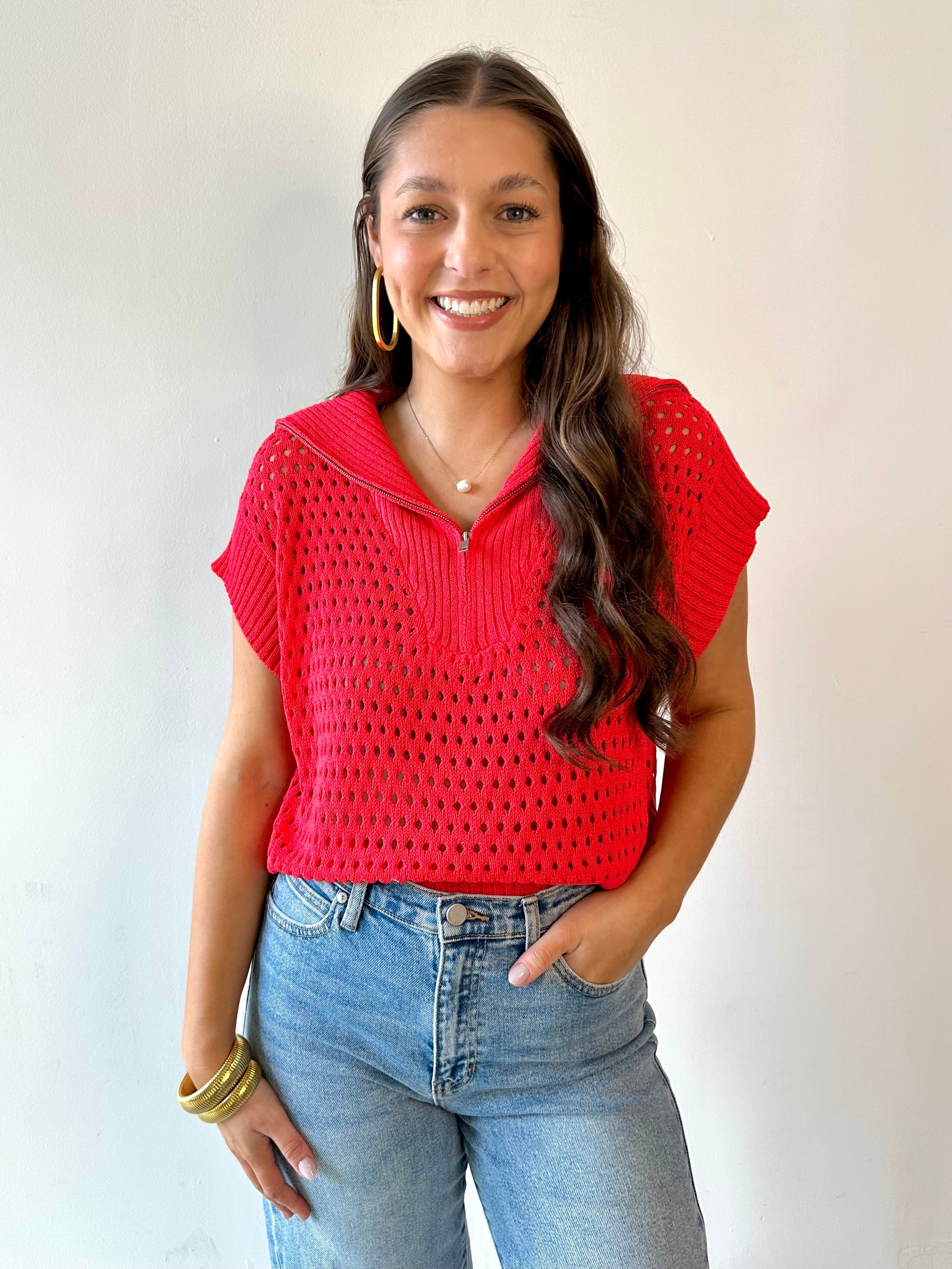 Fishnet Zip Relaxed Sweater - Red