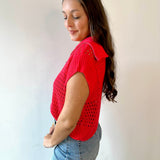 Fishnet Zip Relaxed Sweater - Red