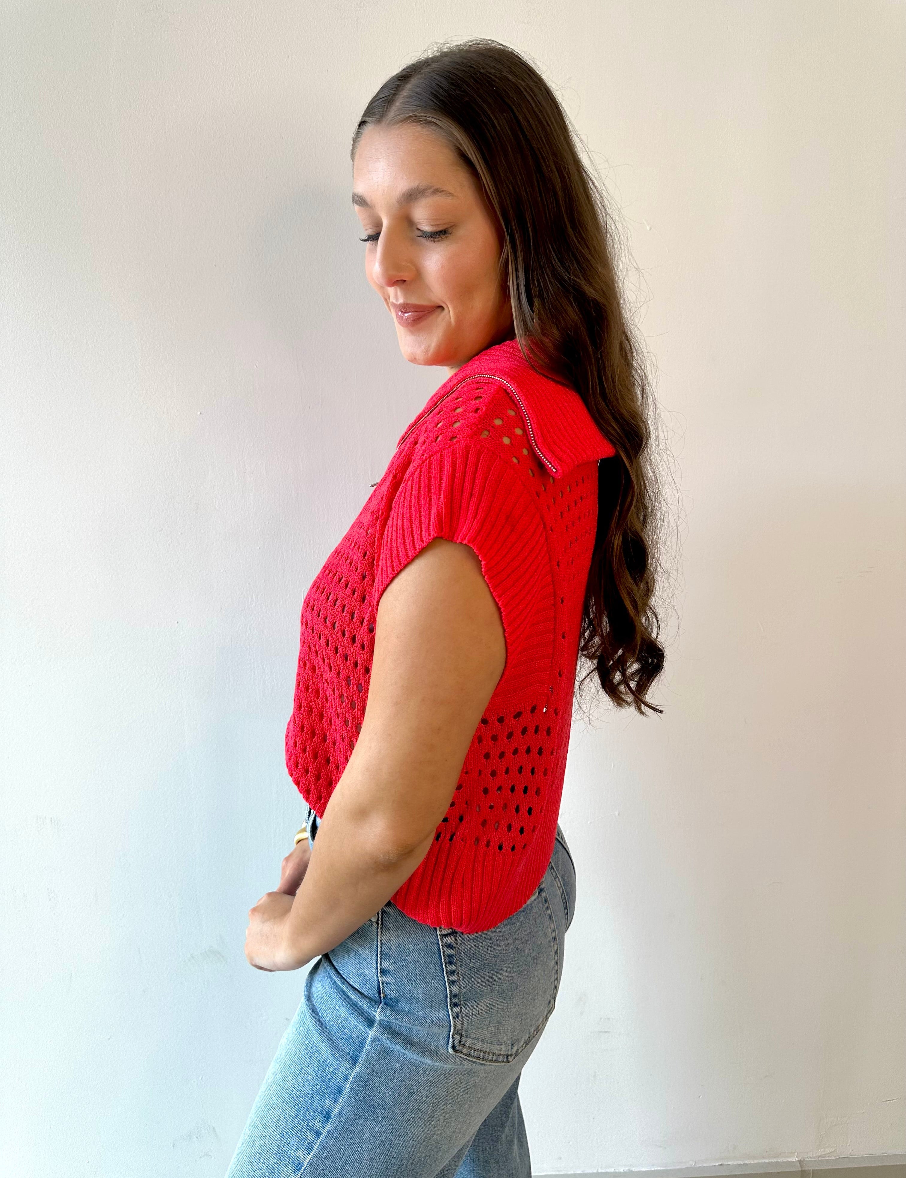 Fishnet Zip Relaxed Sweater - Red