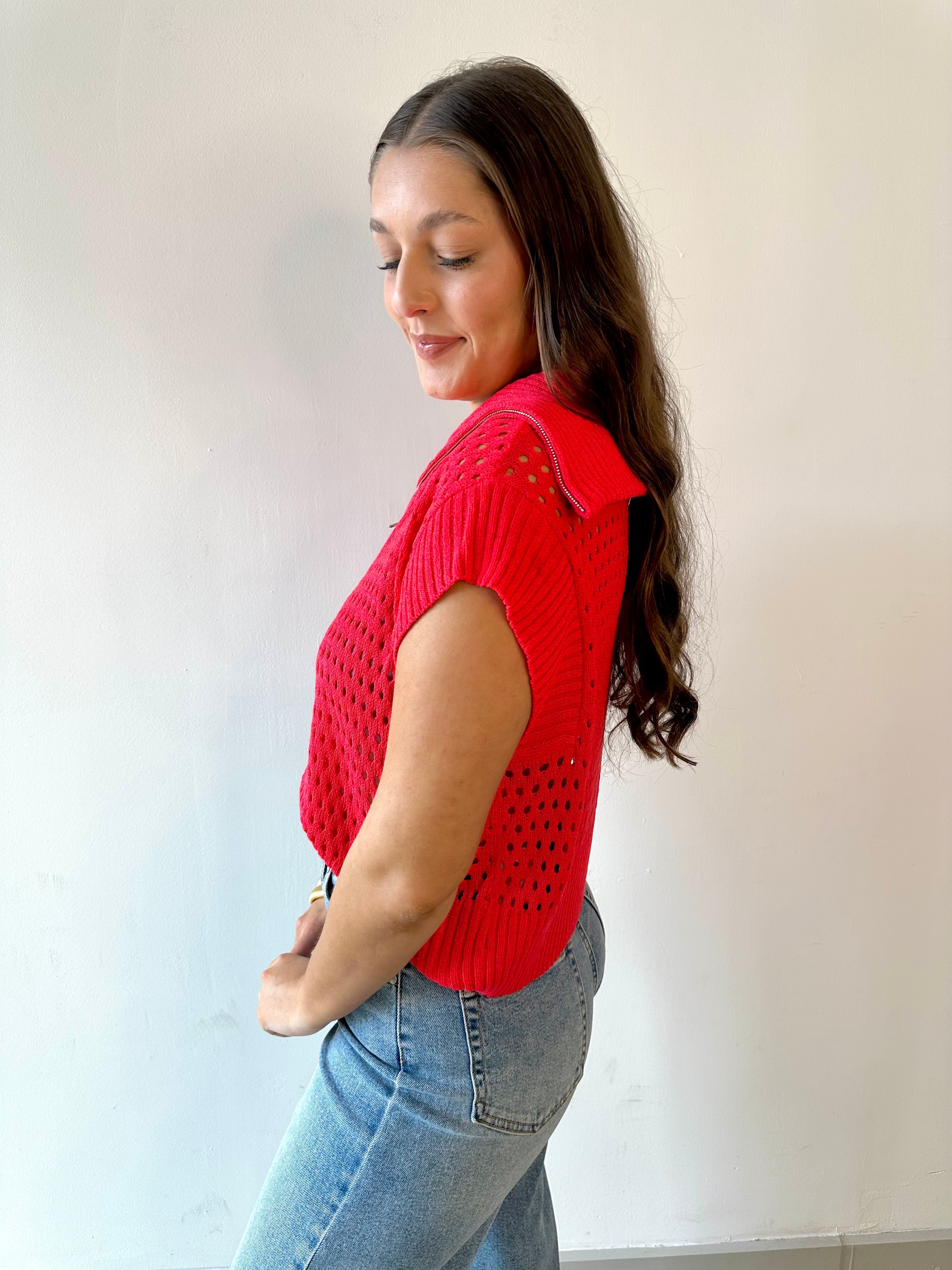 Fishnet Zip Relaxed Sweater - Red