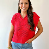 Fishnet Zip Relaxed Sweater - Red