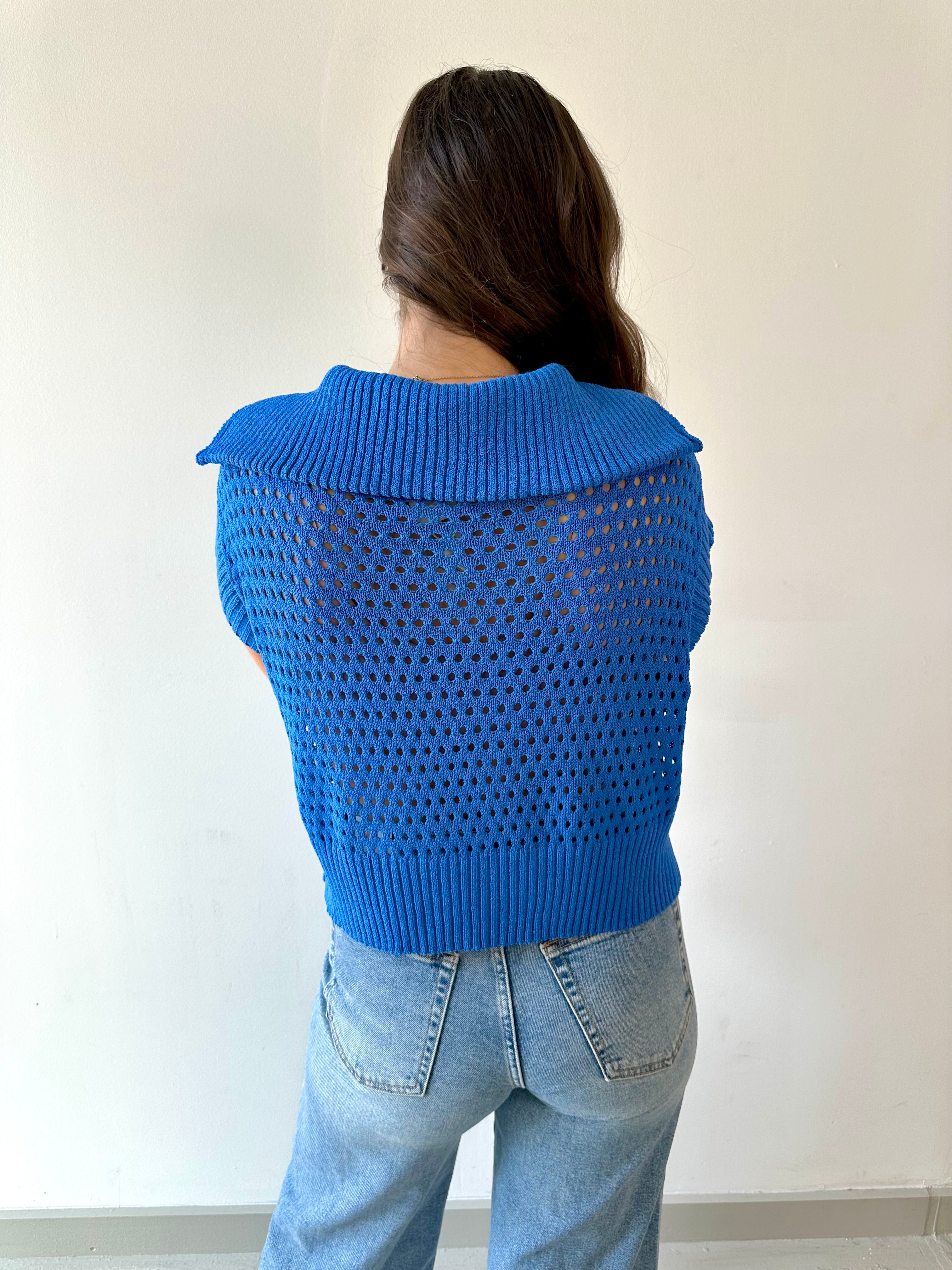 Fishnet Zip Relaxed Sweater - Royal Blue
