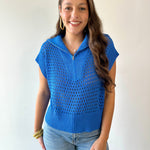 Fishnet Zip Relaxed Sweater - Royal Blue