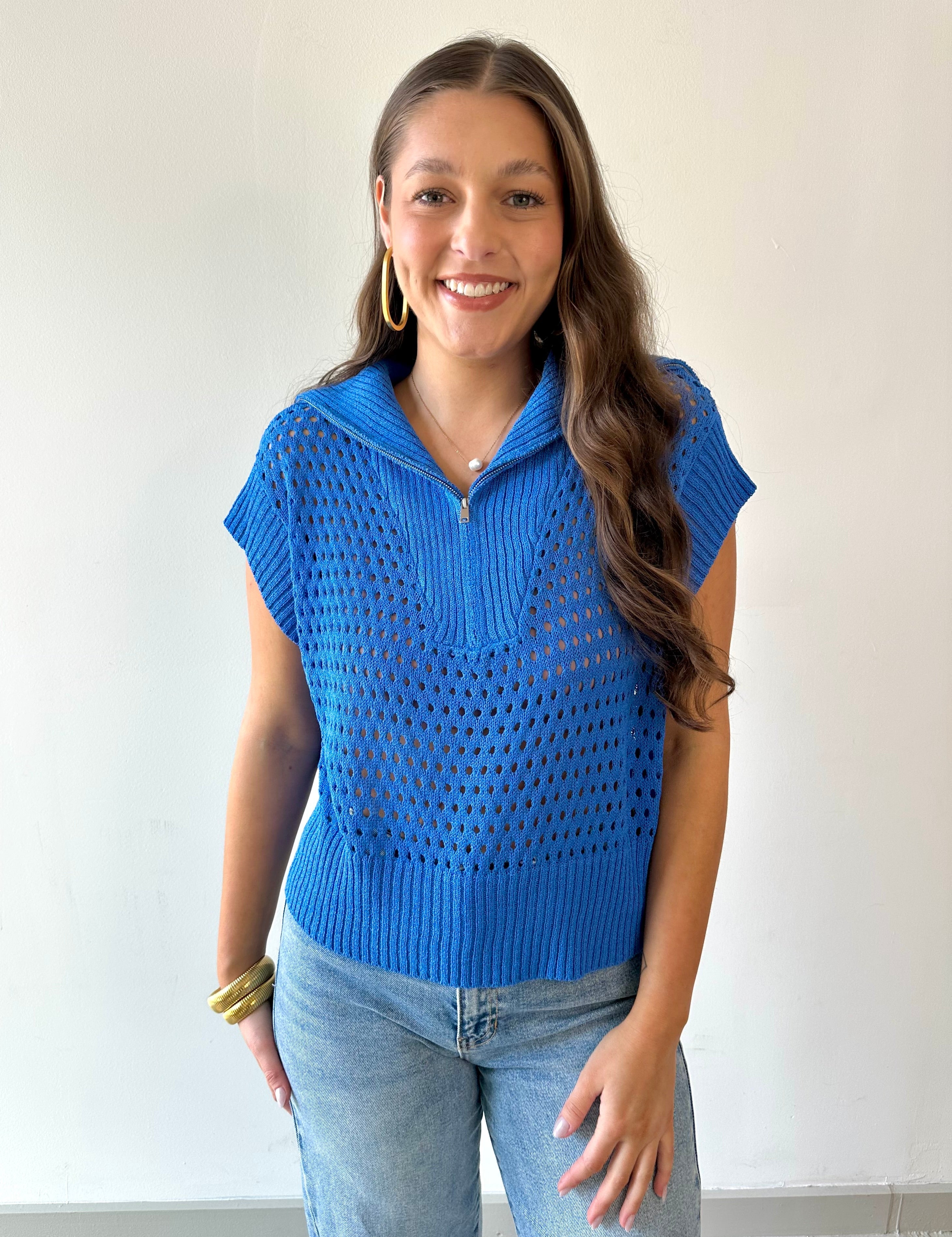 Fishnet Zip Relaxed Sweater - Royal Blue