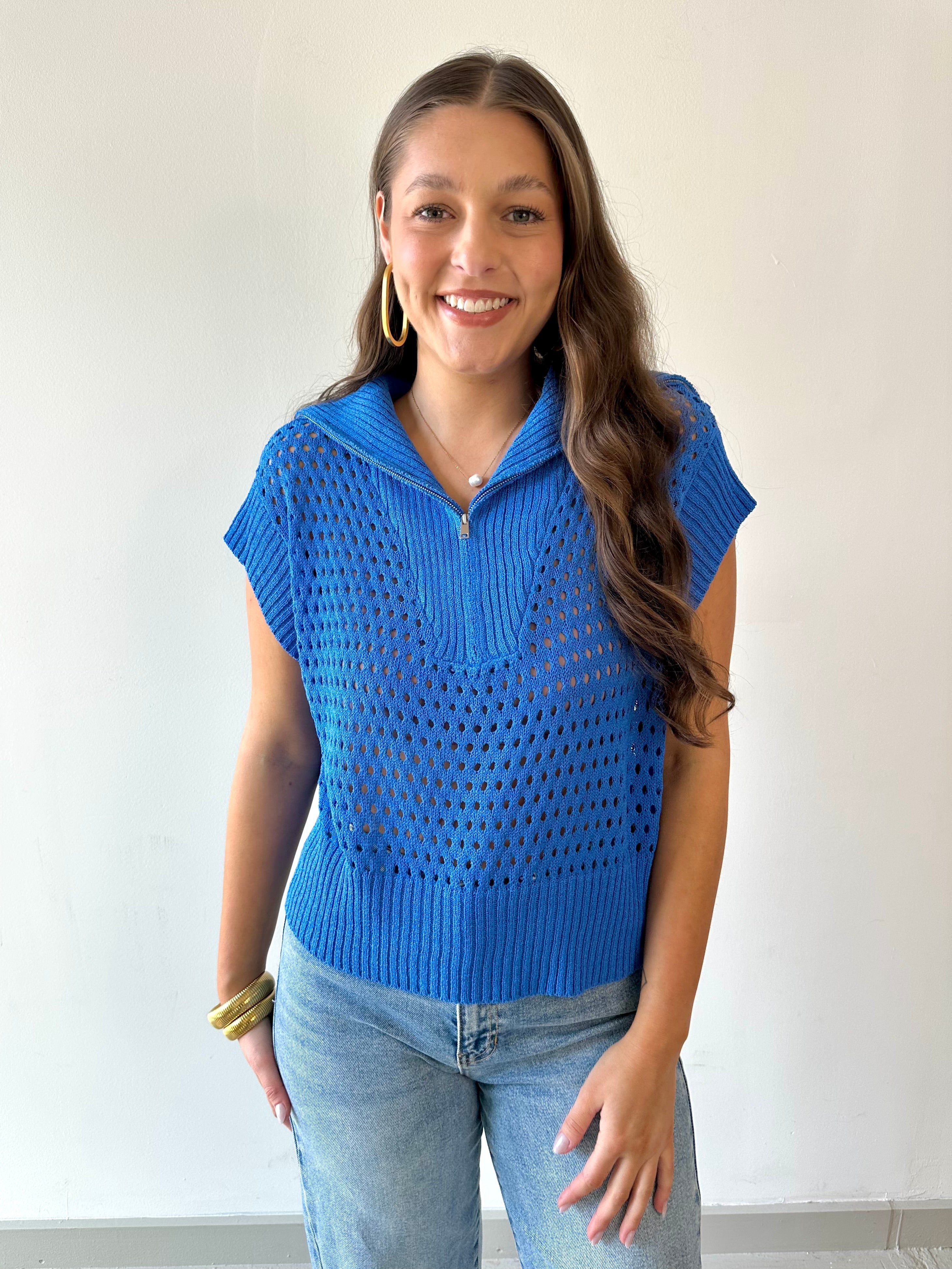 Fishnet Zip Relaxed Sweater - Royal Blue