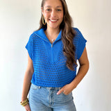Fishnet Zip Relaxed Sweater - Royal Blue