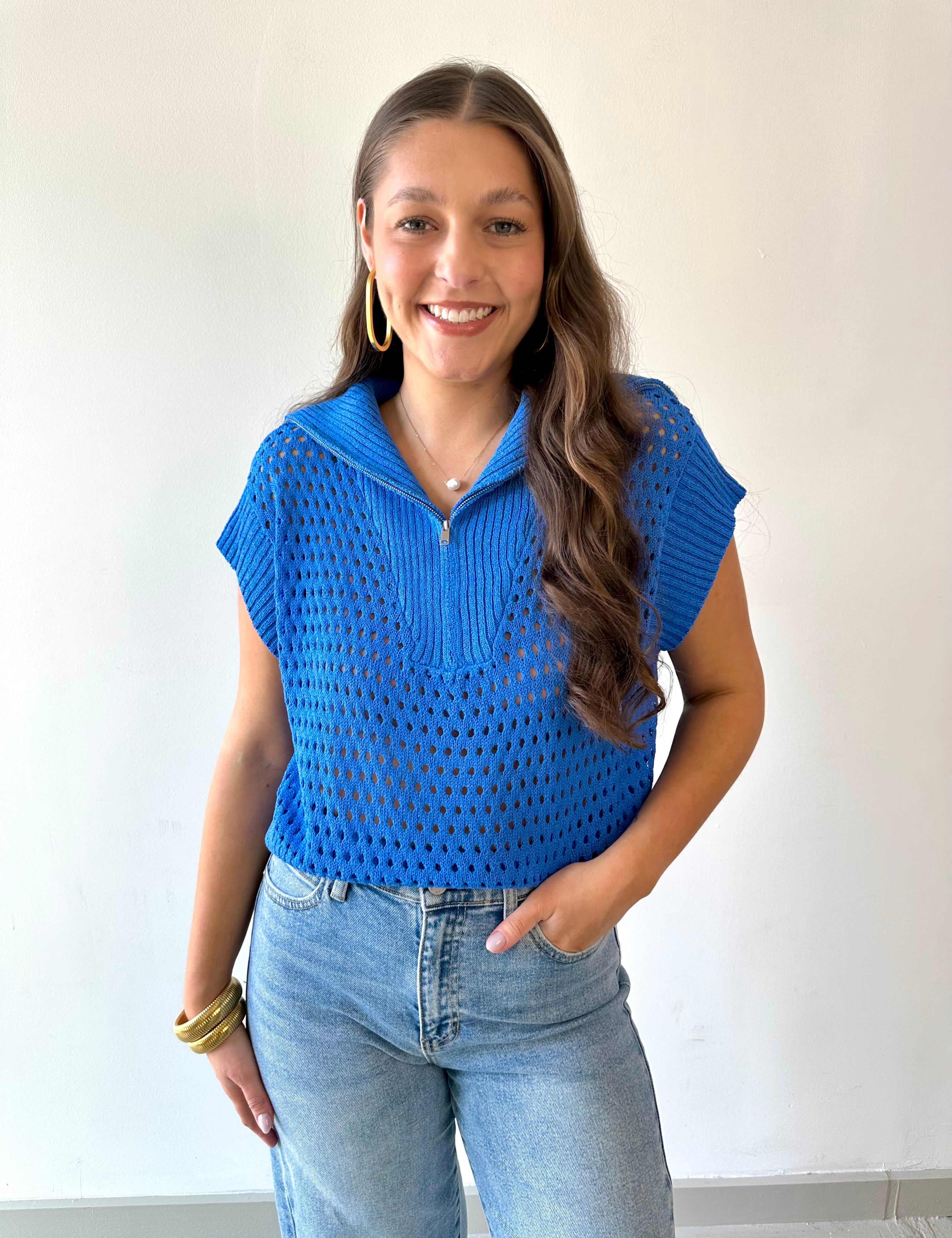 Fishnet Zip Relaxed Sweater - Royal Blue