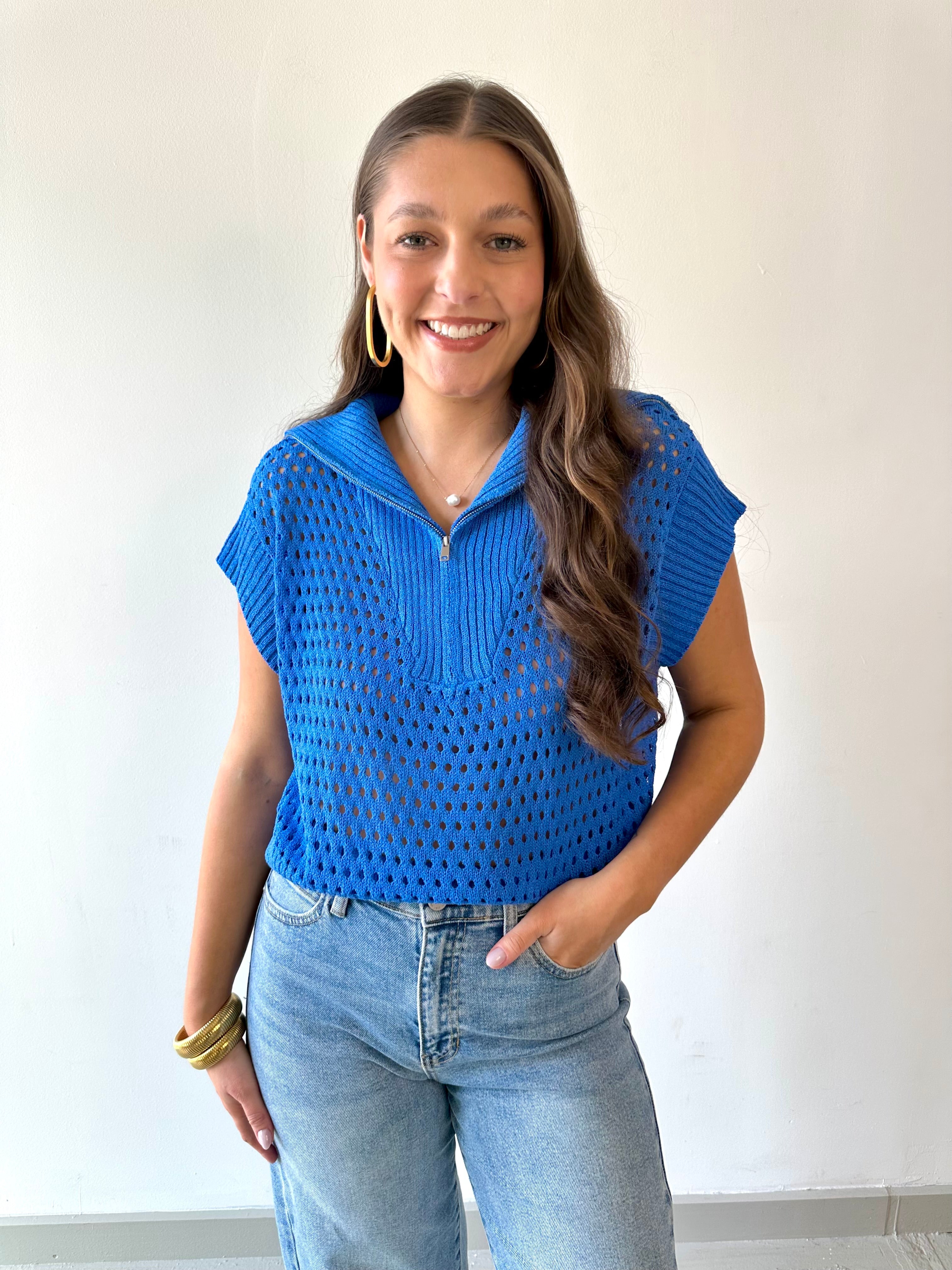 Fishnet Zip Relaxed Sweater - Royal Blue