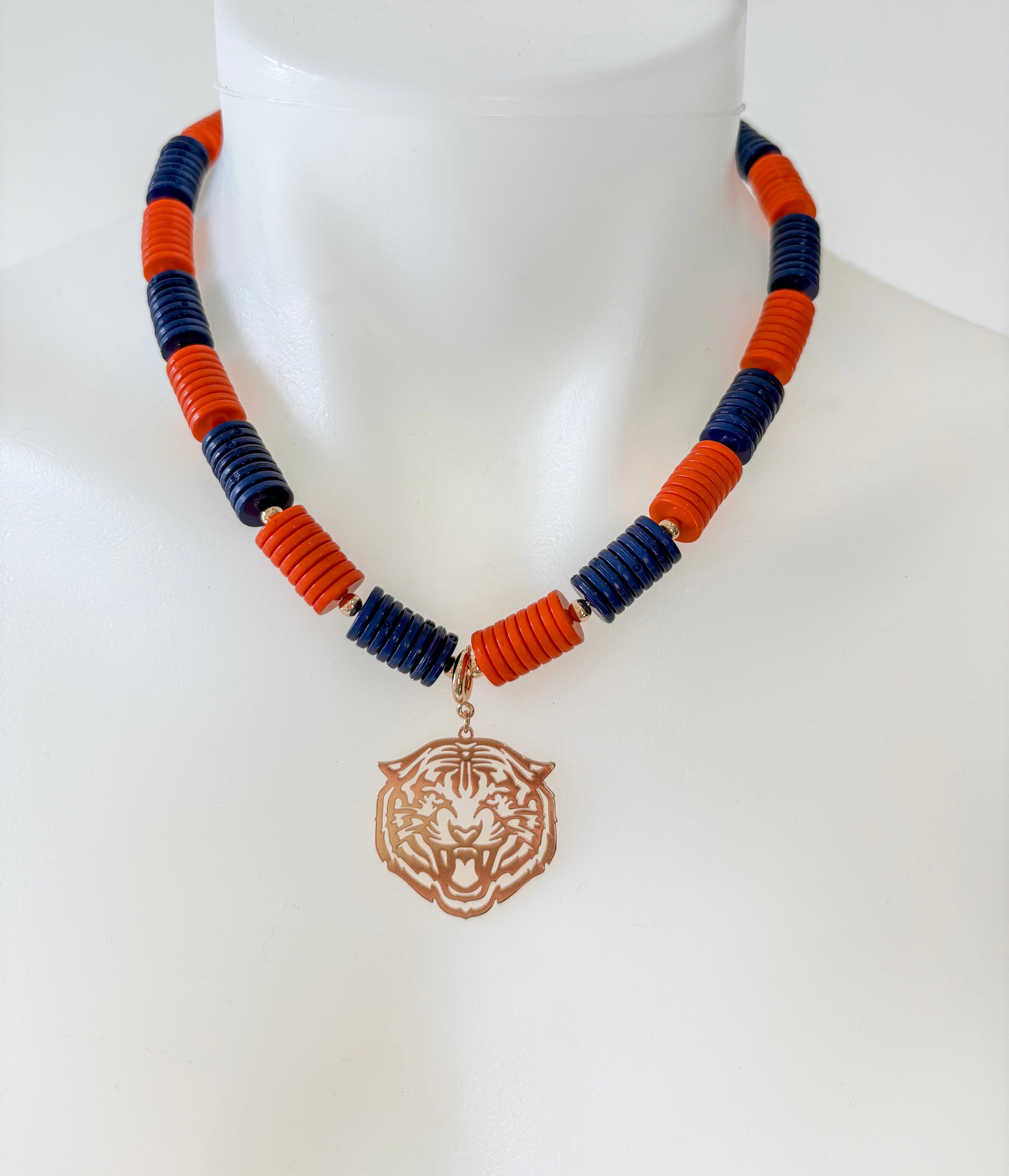 Flat Bead Necklace - Orange/Navy
