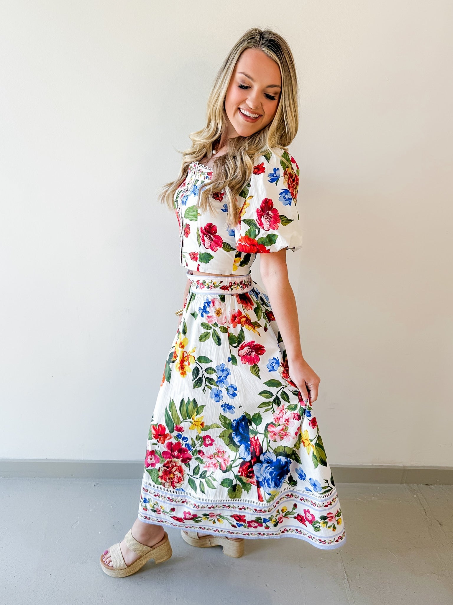 Floral Border Top & Skirt Set