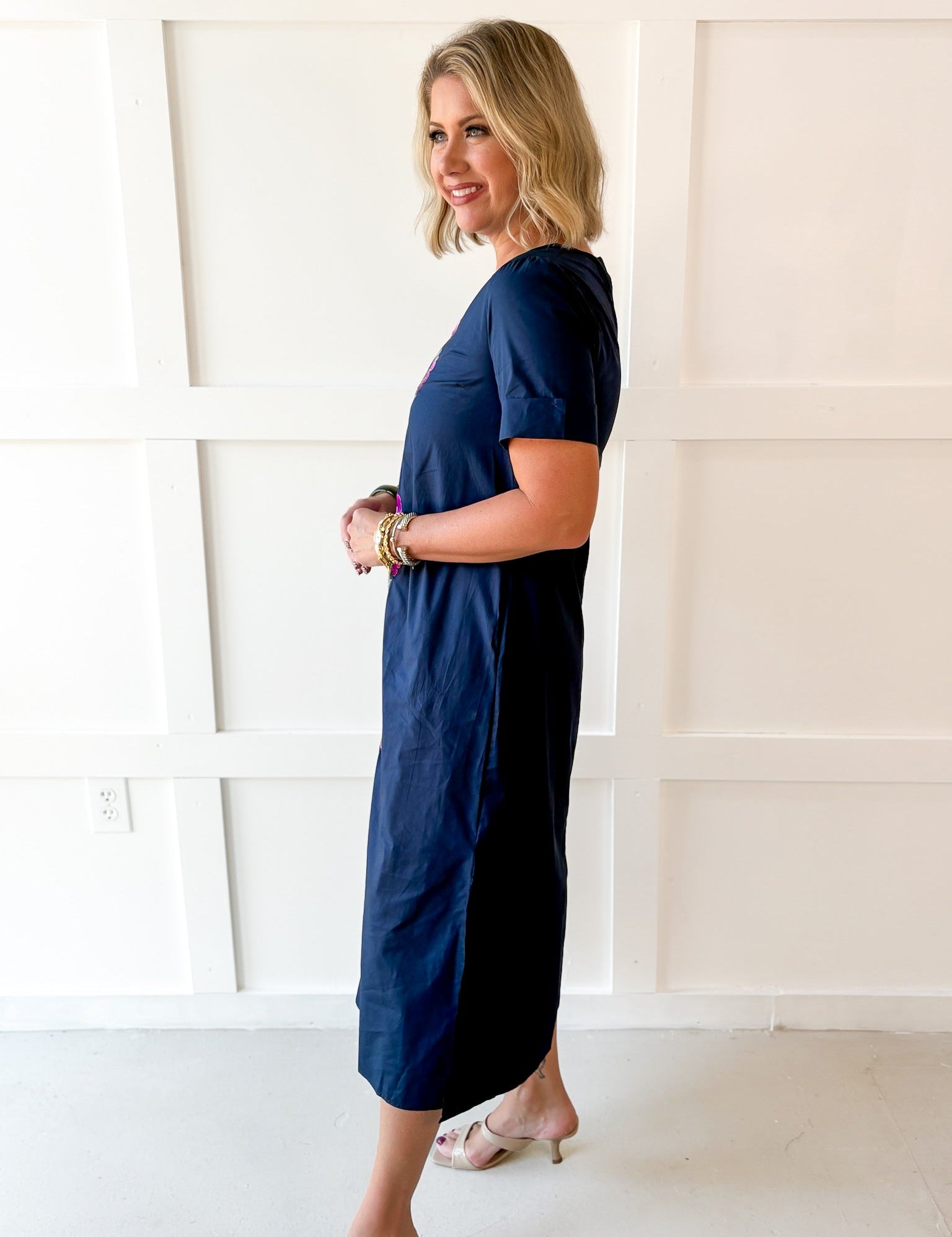 Floral Embellished Midi Dress - Navy