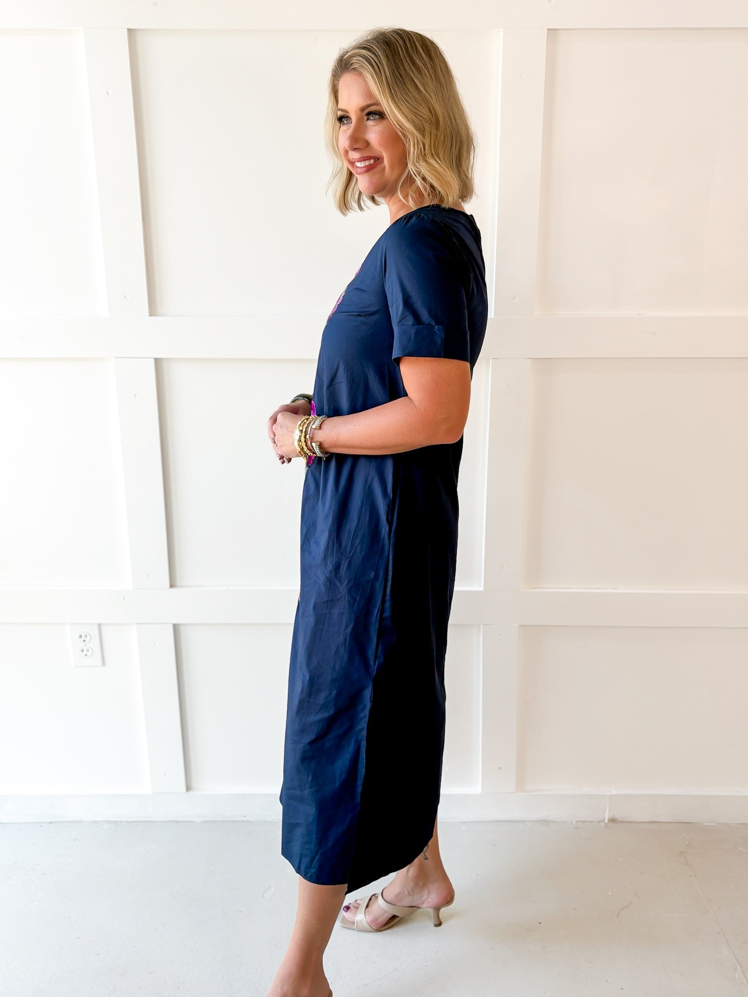 Floral Embellished Midi Dress - Navy