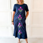 Floral Embellished Midi Dress - Navy