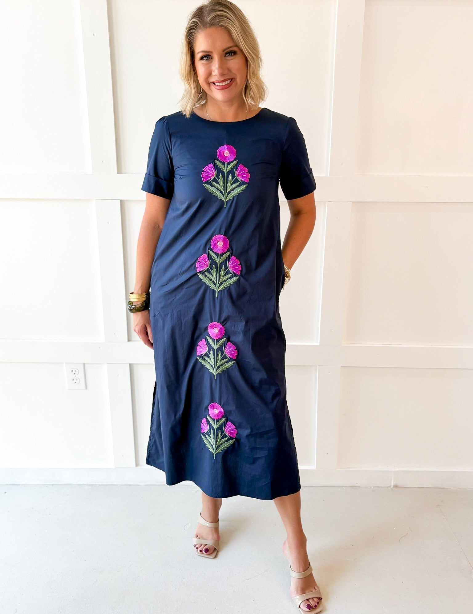 Floral Embellished Midi Dress - Navy