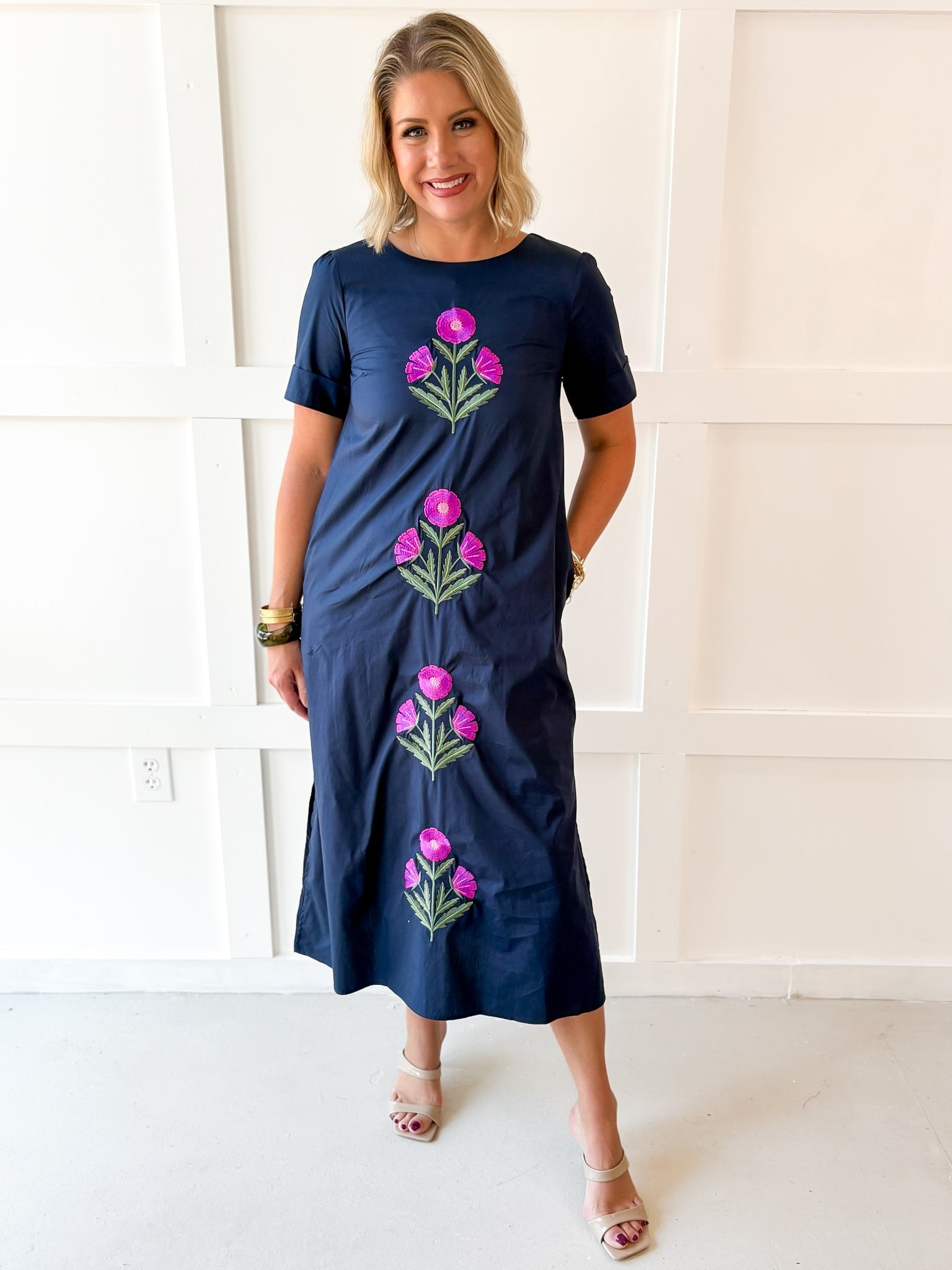 Floral Embellished Midi Dress - Navy