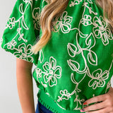 Floral Embroidered Bubble Sleeve Top