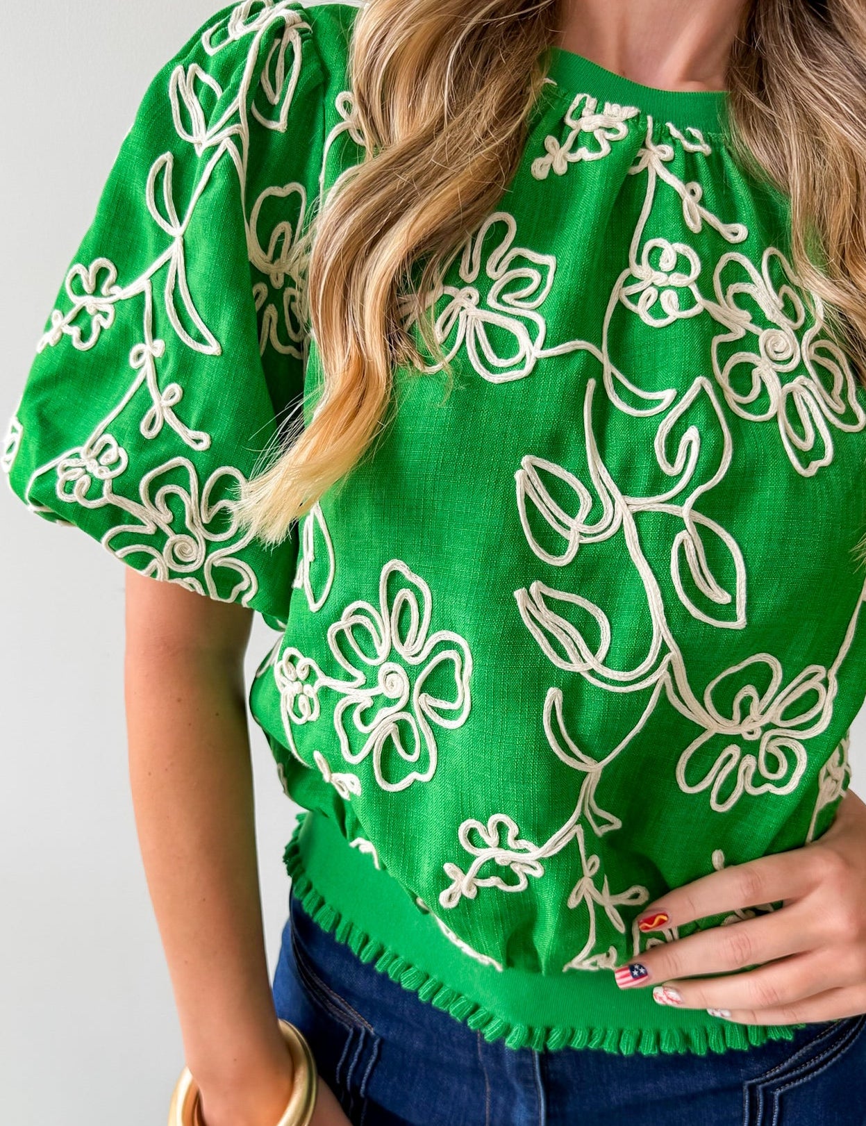 Floral Embroidered Bubble Sleeve Top