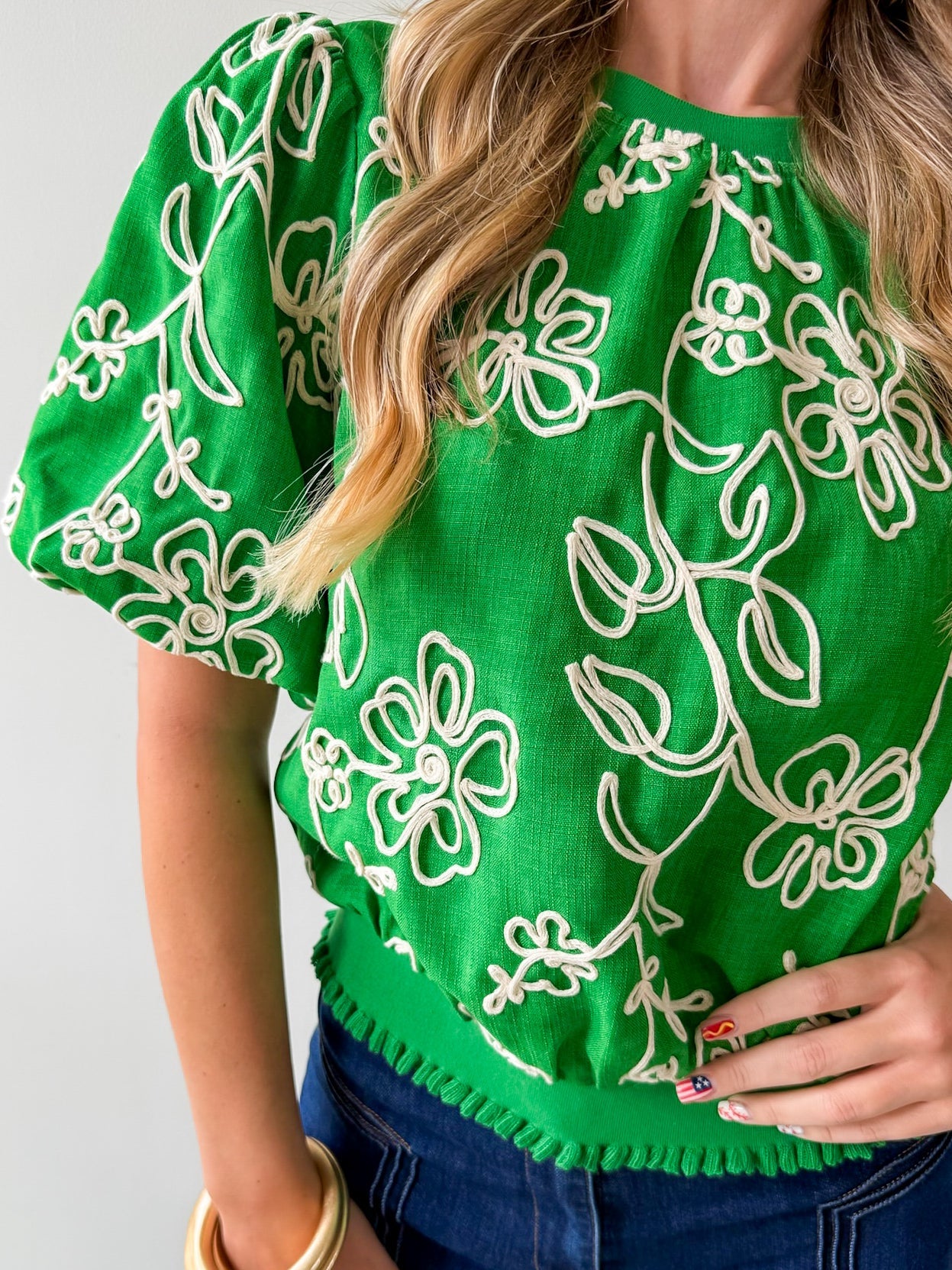 Floral Embroidered Bubble Sleeve Top
