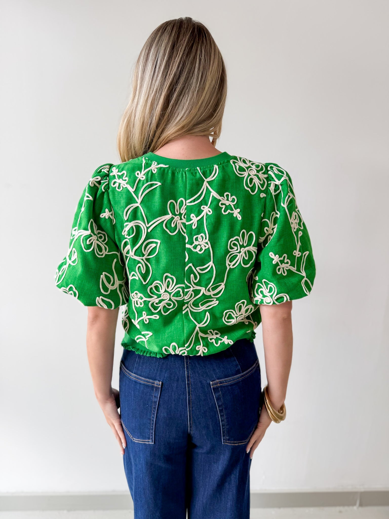Floral Embroidered Bubble Sleeve Top