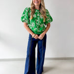 Floral Embroidered Bubble Sleeve Top