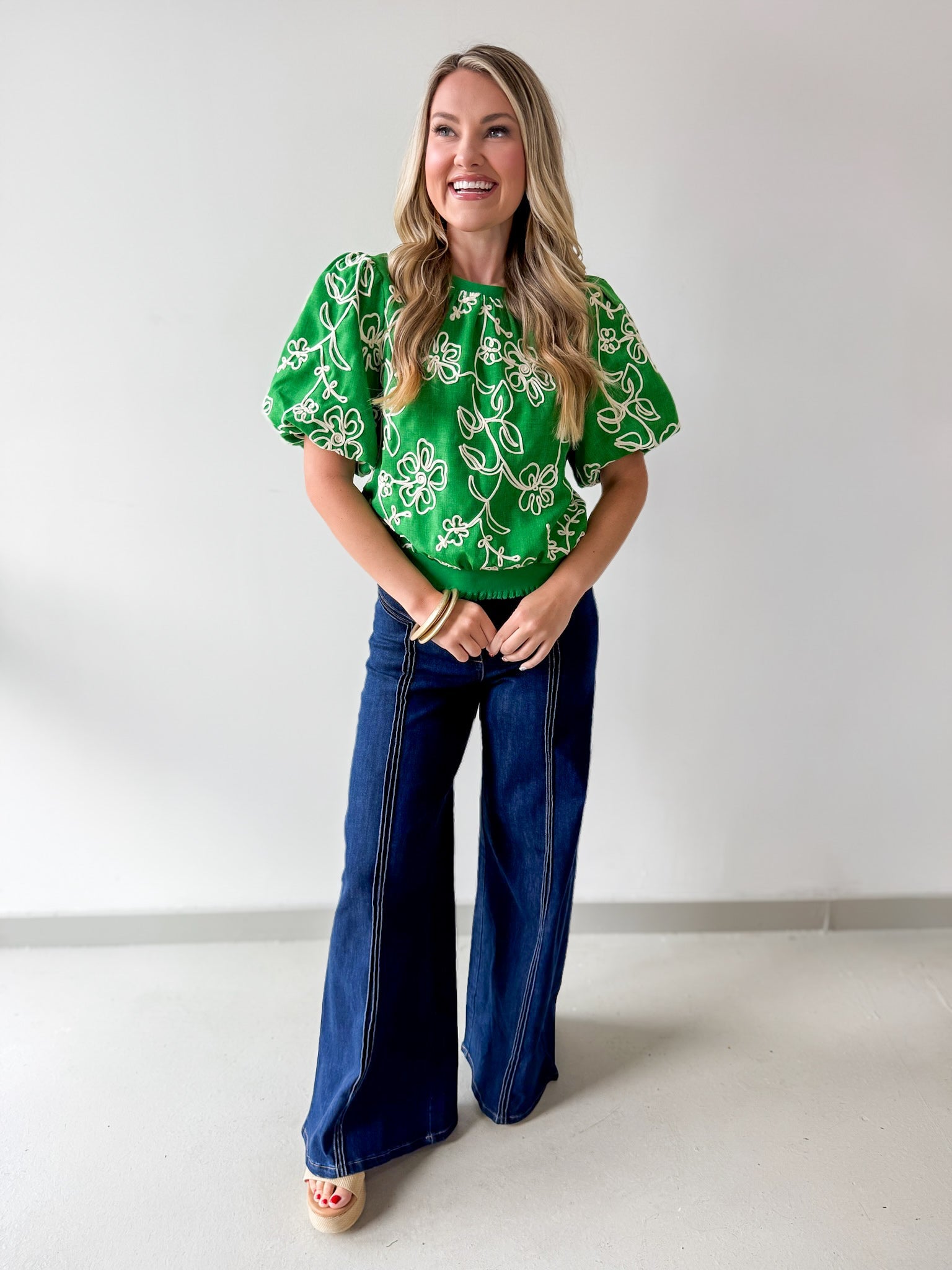 Floral Embroidered Bubble Sleeve Top