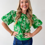Floral Embroidered Bubble Sleeve Top