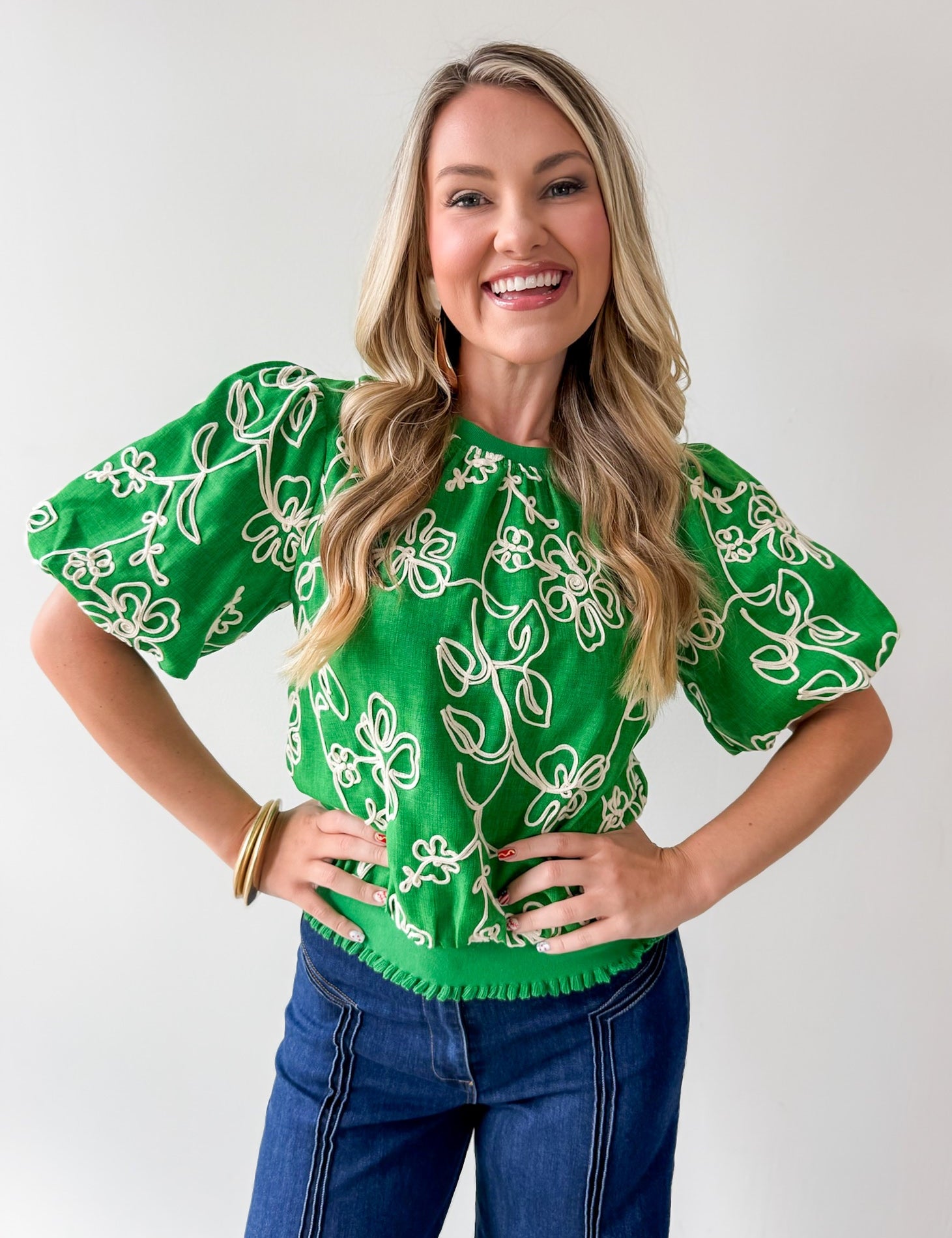 Floral Embroidered Bubble Sleeve Top