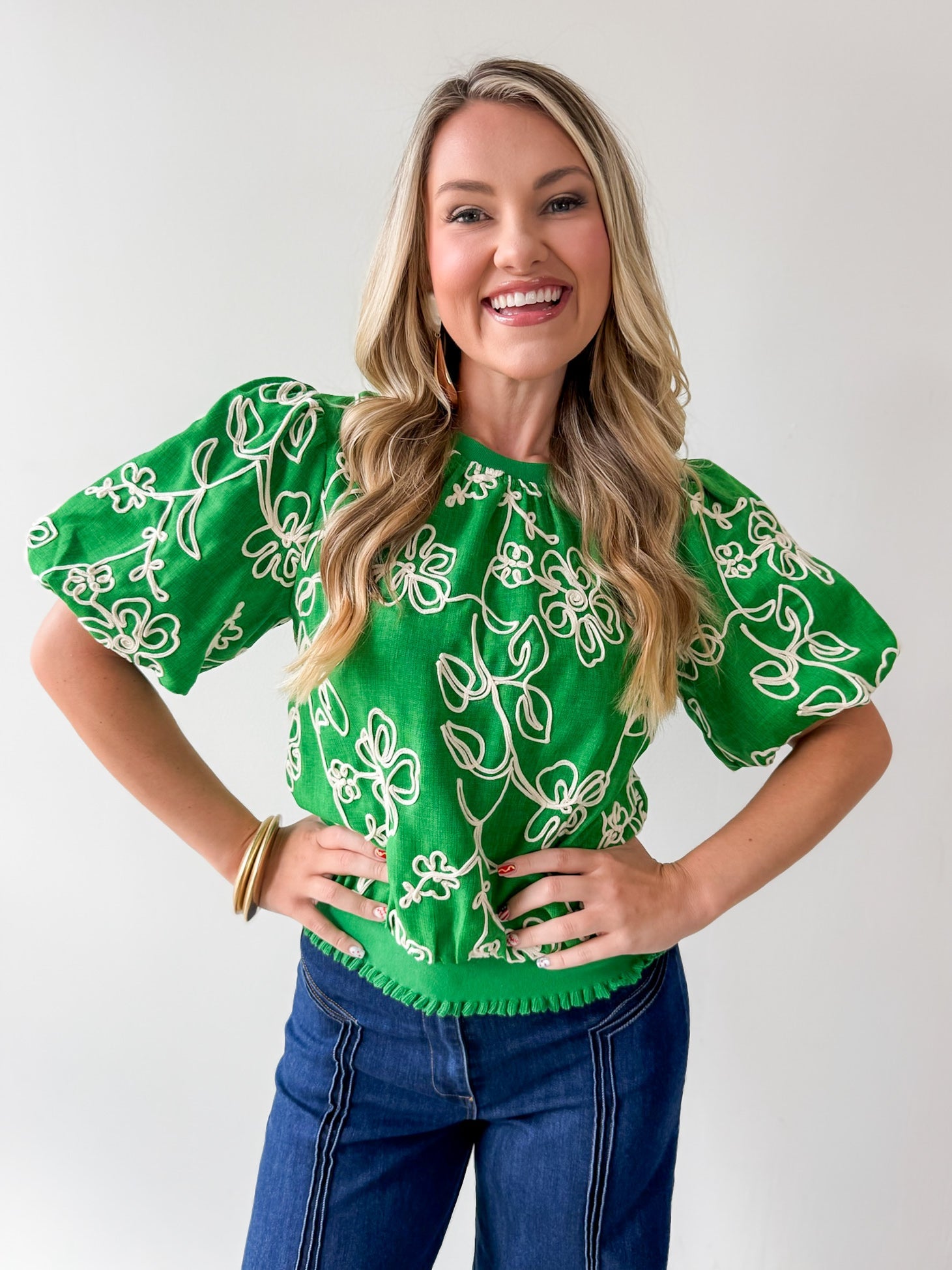 Floral Embroidered Bubble Sleeve Top