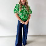 Floral Embroidered Bubble Sleeve Top