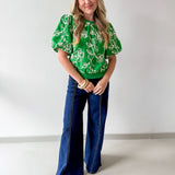 Floral Embroidered Bubble Sleeve Top