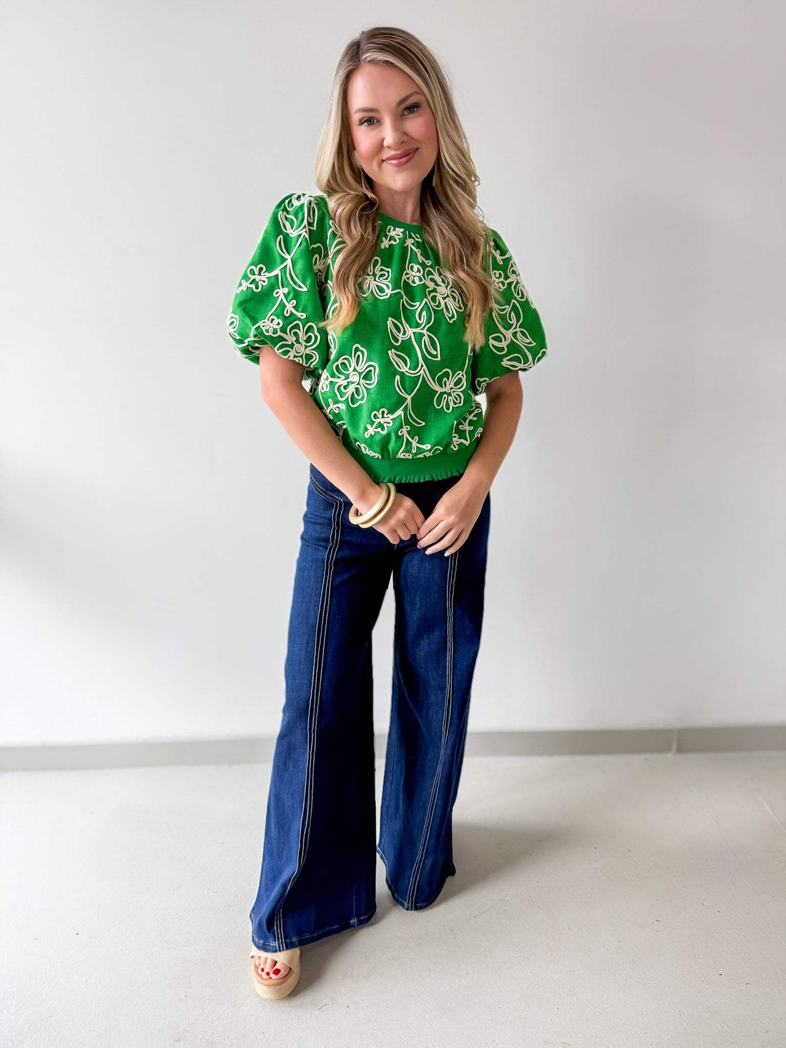 Floral Embroidered Bubble Sleeve Top