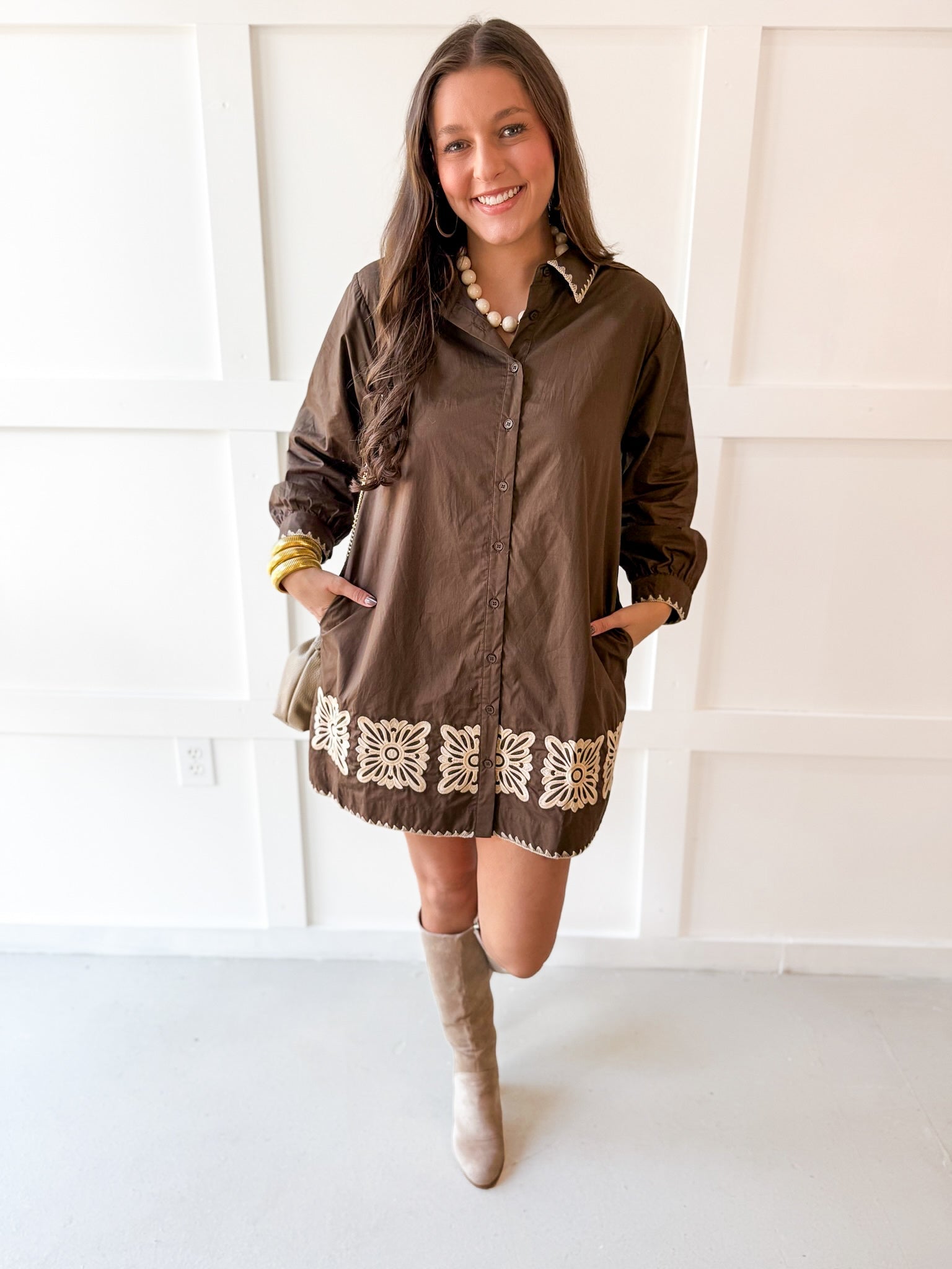 Floral Embroidered Dress - Brown