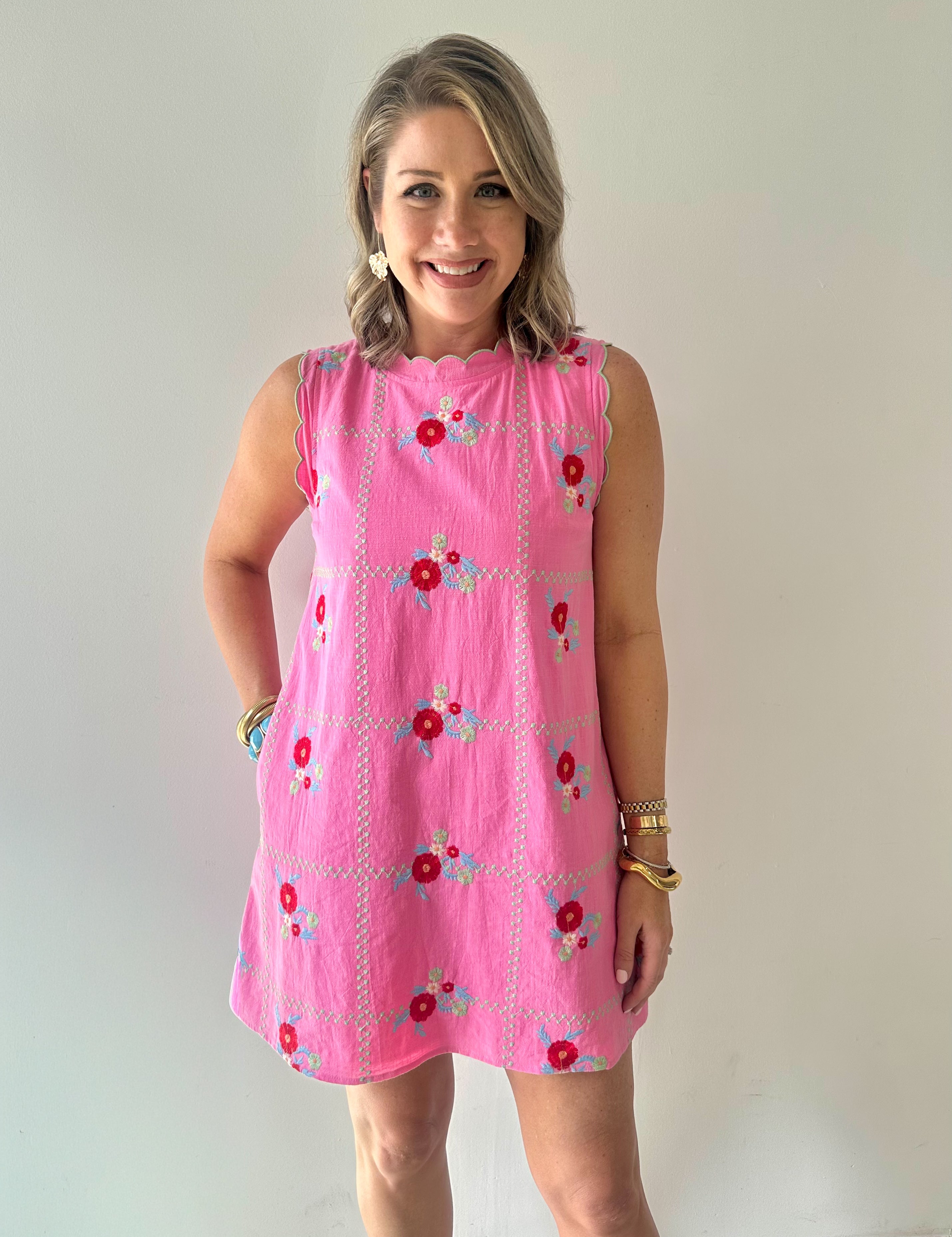 Floral Embroidered Mini Dress with Scallop Trim