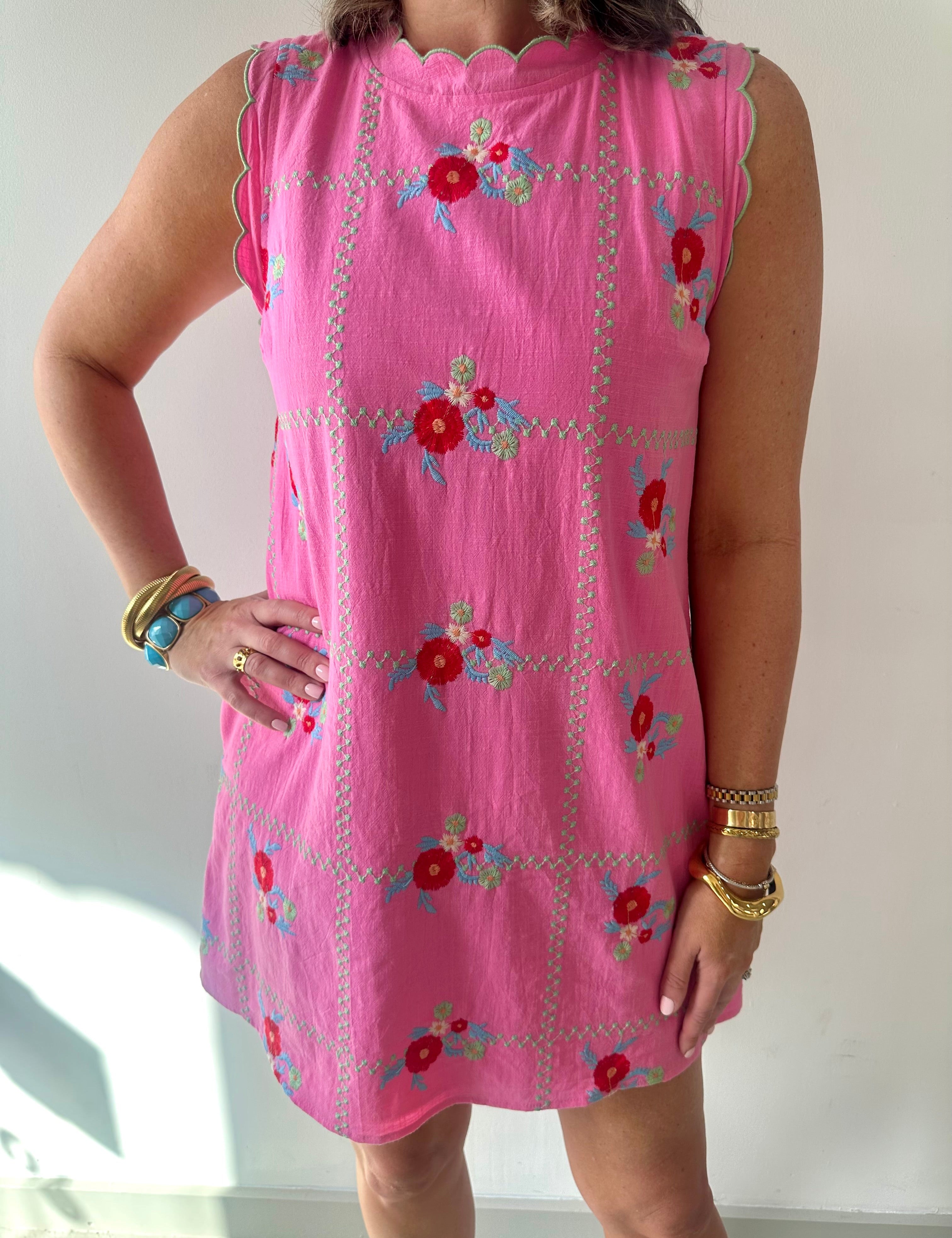 Floral Embroidered Mini Dress with Scallop Trim