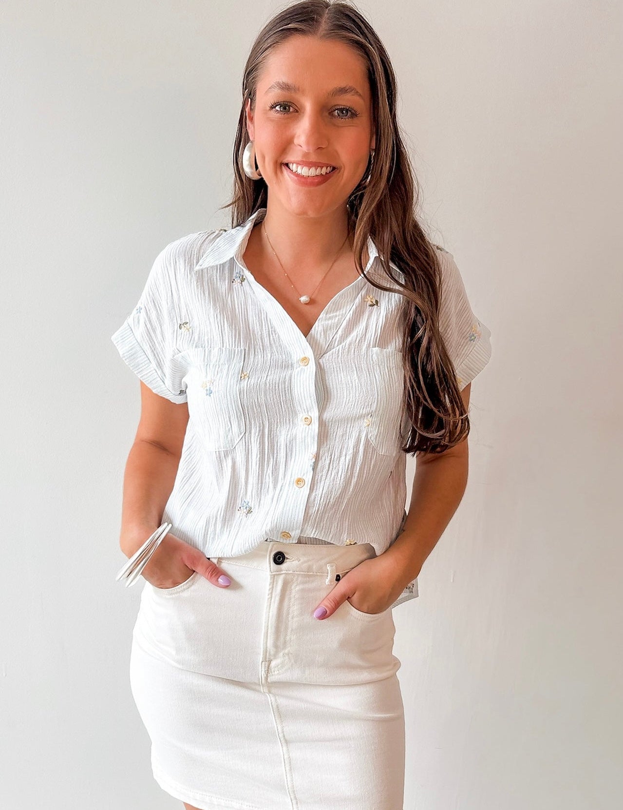 Floral Embroidered Pin Stripe Top - Blue