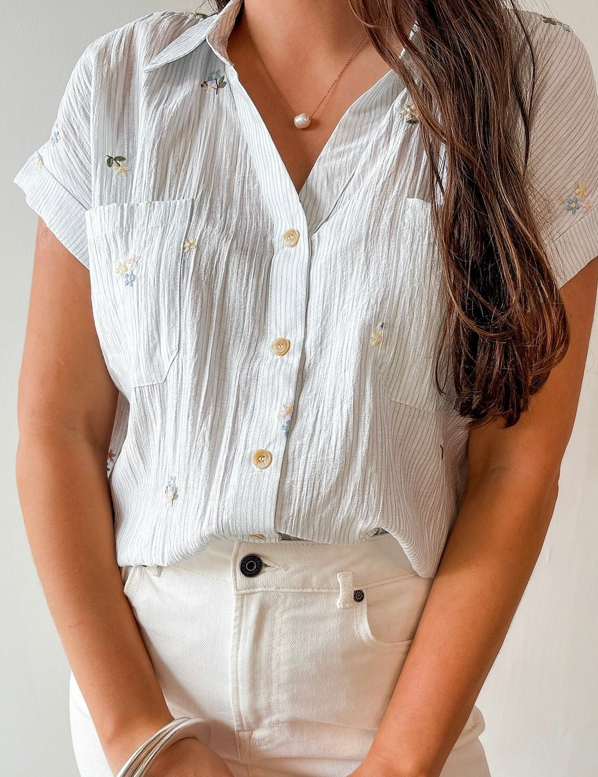 Floral Embroidered Pin Stripe Top - Blue