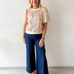 Floral Embroidery Bubble Sleeve Top