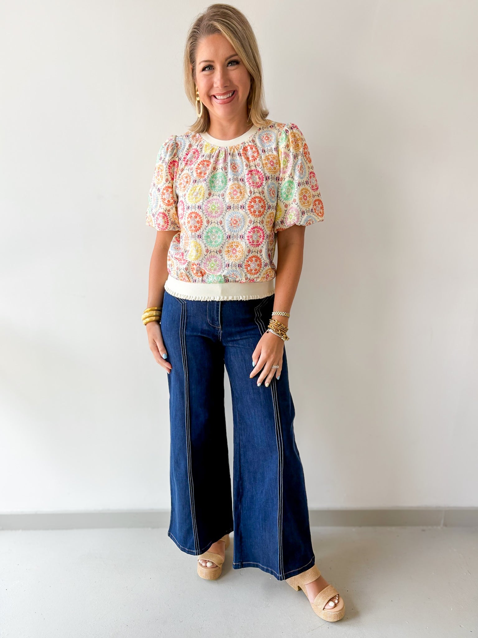 Floral Embroidery Bubble Sleeve Top