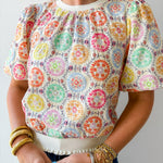 Floral Embroidery Bubble Sleeve Top