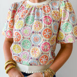 Floral Embroidery Bubble Sleeve Top